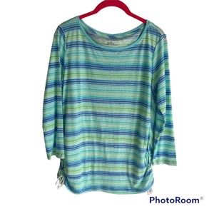Talbots Blues and Green Linen Blend Striped 3/4 Sleeve Ladies Casual‎ Top, M